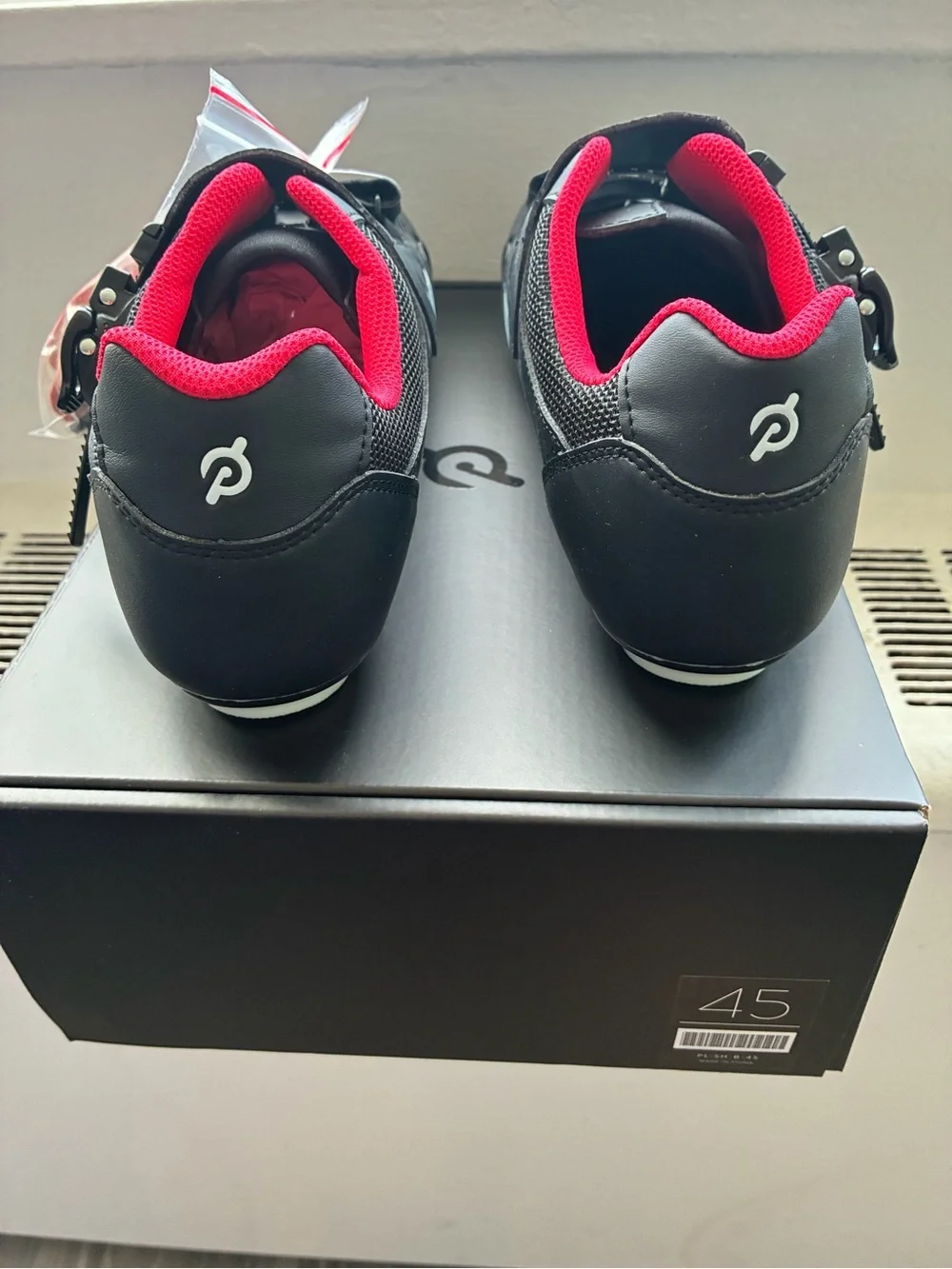 Peloton Black and White Cycling Sneakers with Red Lining